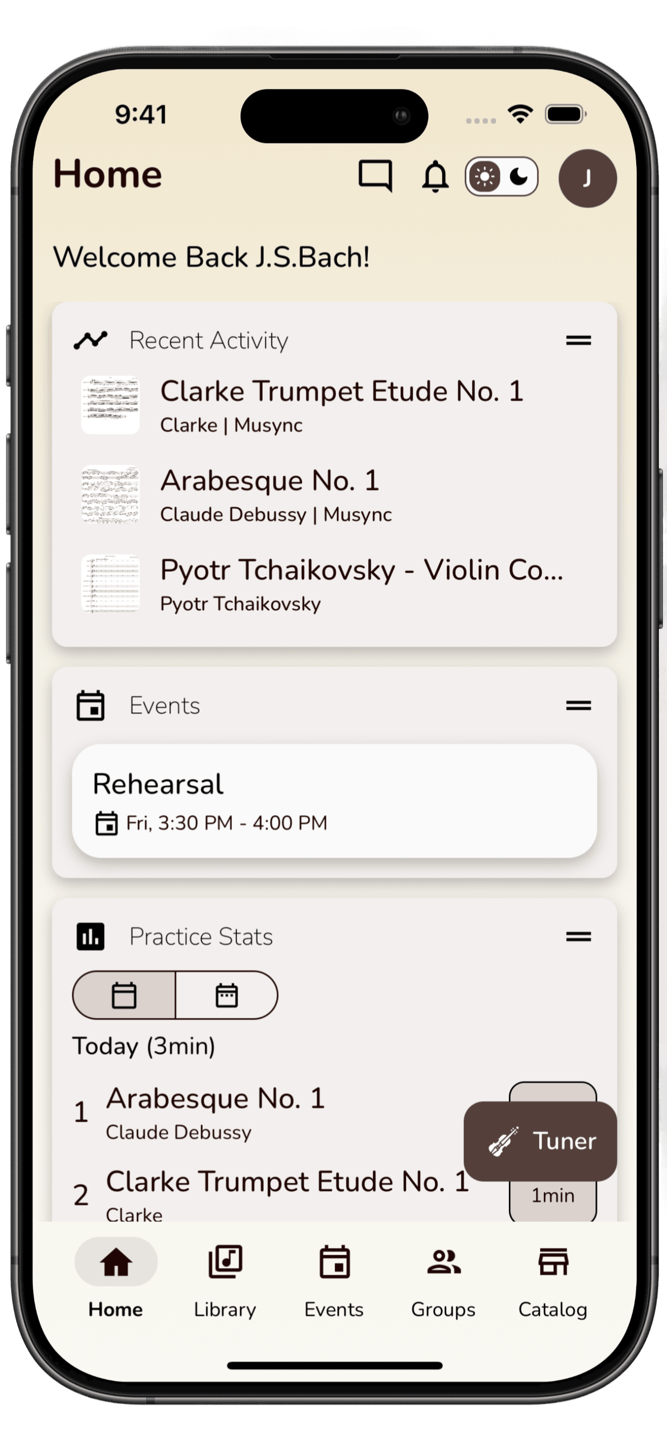 Dashboard in the Musync app